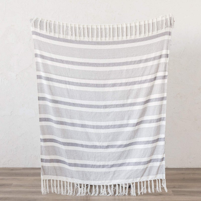 Snugtown Decorative Grey Ivory Striped Throw with Fringe, Soft Chenille Knitted Farmhouse Lightweight Blanket with Tassels for Couch Sofa Chair Bed Office Home DÃ©cor, Gray and Off White,50" x 60" - Image 3
